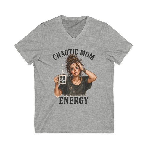 Chaotic Mom Energy V-Neck Tee – Funny Mom Graphic Shirt (Luke Warm Mess Mug)
